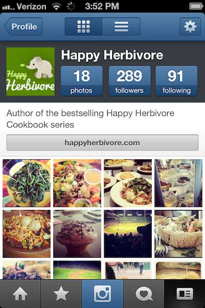 screen shot of the Happy Herbivore instagram
