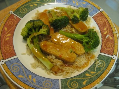 tempeh and broccoli over rice with vegan sweet and sour sauce